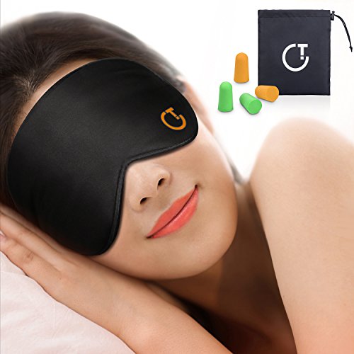 Gritin Schlafmaske, Augenmaske Nachtmaske Verstellbarem Gummiband 100% Hautfreundlich Seide Geruchneutral Schlafbrille mit Ohrst?pseln und Tragbare Tasche – Schwarz