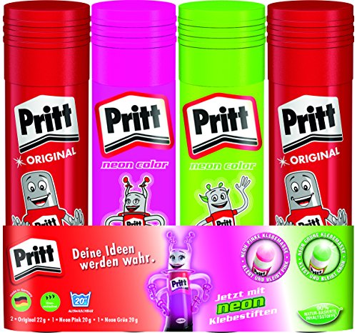 Pritt Klebestift Mix Pack / 2 Pritt Stifte Original, 1 Klebestift Grün, 1 Klebestift Pink / Lösungsmittelfrei / Wasserlöslich / Klebestift für Kinder / Ablösbar / Pritt Klebestifte (2x22g, 2x20g)