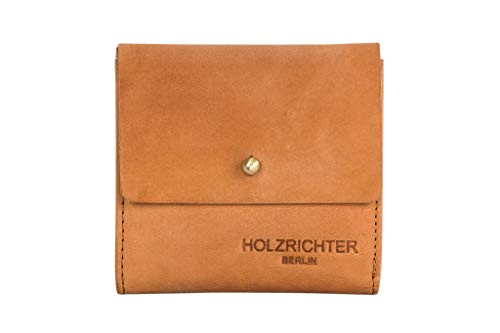 HOLZRICHTER Berlin Damen Geldbörse (S) – Edles Mini Knopf Portemonnaie aus Leder – Camel-braun