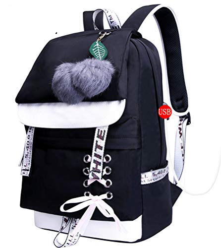 JUND Damen Mode Schultasche Kawaii Druck Rucksack Mädchen Lässig Wasserdicht Backpack Schule Teenager Daypack (schwarz)