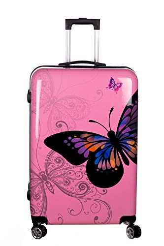Birendy Reisekoffer Polycarbonat Hartschalen Hardcase Trolley mit Zahlenschloss Koffer Kofferset 4 Rollen einfacher Transport (A1-Pink Schmetterling, Koffer XXL 74x48cm)