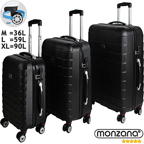 Monzana® 3er Kofferset Hartschalenkoffer Reisekofferset Koffer Trolley ✔gummierte Zwillingsrolle ✔ABS-Schale ✔Alu-Teleskopgriff ✔schwarz