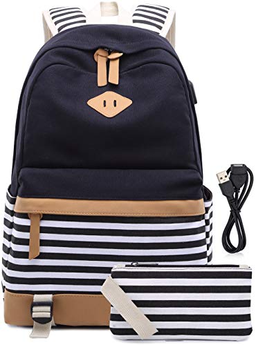 Schulrucksack Mädchen Teenager Streifen Schultasche Segeltuch Rucksack mit 15.6 Zoll Laptopfach mit USB Ladeanschluss und Geldbeutel Tasche 2 Stück Schwarz