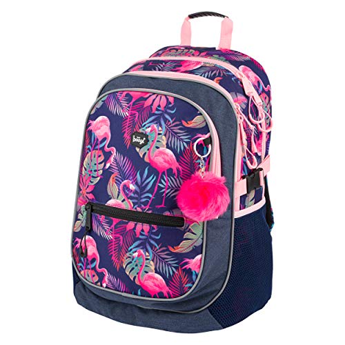 Baagl Schulrucksack für Mädchen, Kinderrucksack mit ergonomisch geformter Rücken, Brustgurt und reflektierende Elemente (Flamingo)