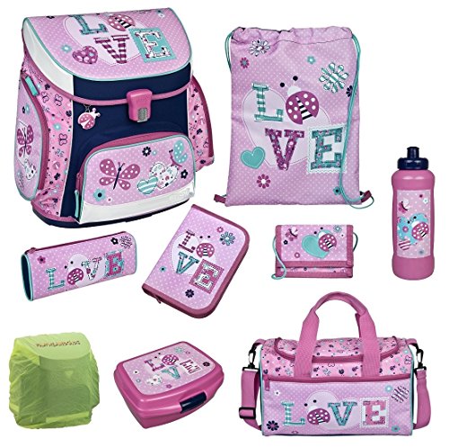 Familando Scooli Schulranzen-Set rosa Butterfly Ladybug Love 9 TLG. mit Federmappe, Dose, Flasche, Sporttasche und Regenschutz